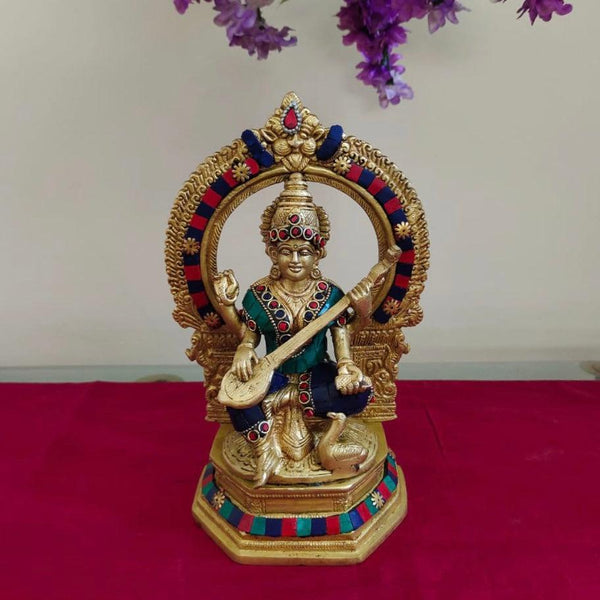 Goddess Saraswati Brass Idol With Stonework - Decorative Figurine-Crafts N Chisel - Indian home decor online USA
