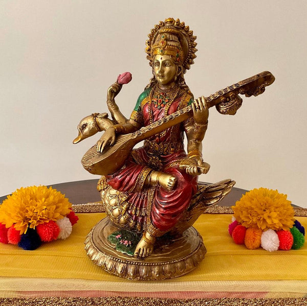 Goddess Saraswati Copper Finish Marble Dust and Resin Idol - Decorative Figurine - Crafts N Chisel - Indian Home Decor USA