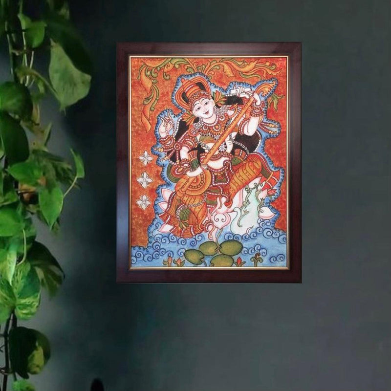 Goddess Saraswati Kerala Mural - Handpainted Wall Decor-Crafts N Chisel - Indian home decor online USA