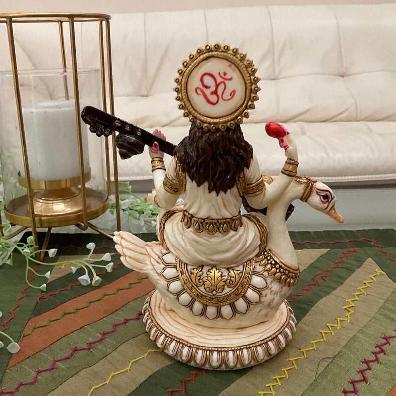 Goddess Saraswati Marble Dust and Resin Idol - Decorative Figurine - Crafts N Chisel - Indian Home Decor USA