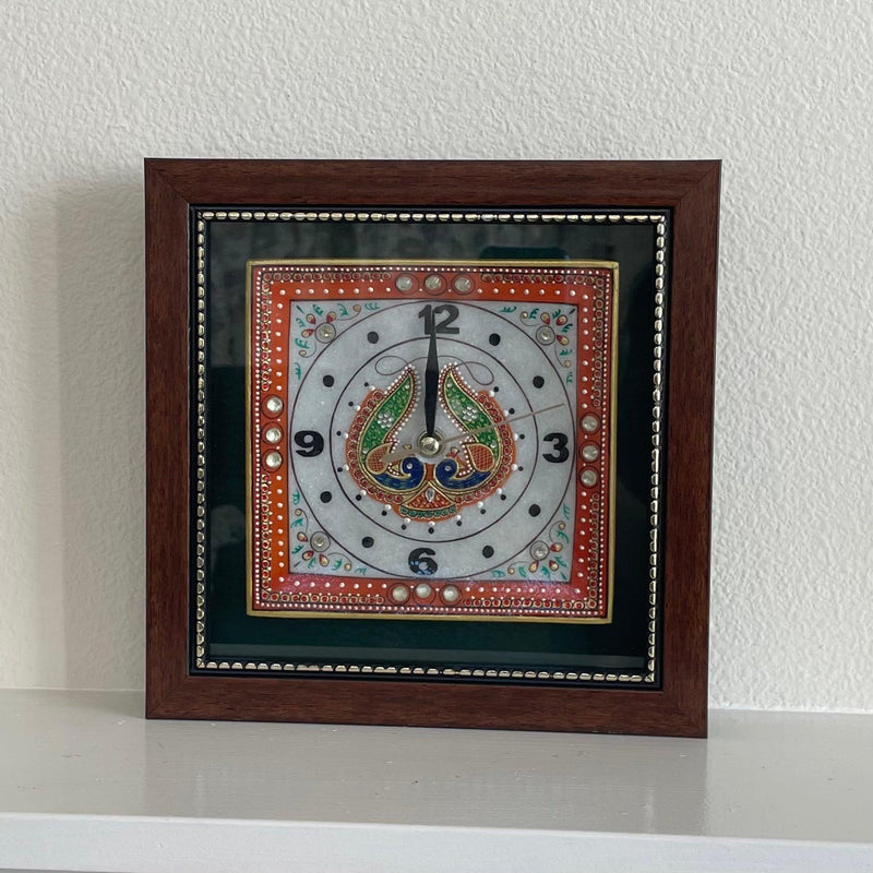 Gold leaf 9" Marble Clock - Meenakari Stone Art Jewelry Painting - Home Decor-Crafts N Chisel - Indian home decor online USA