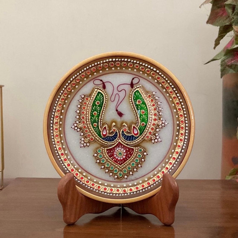 Gold Leaf Meenakari Jewelry Painting - 6" Round Marble Plate - Handmade Home Decor-Crafts N Chisel - Indian home decor online USA