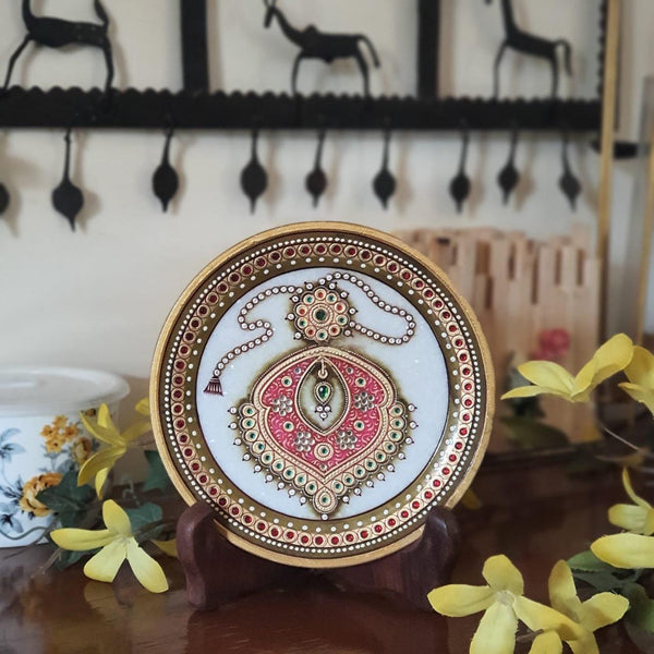 Gold Leaf Meenakari Jewelry Painting - Decorative Round Marble 6" Plate-Crafts N Chisel - Indian handicrafts home decor online USA