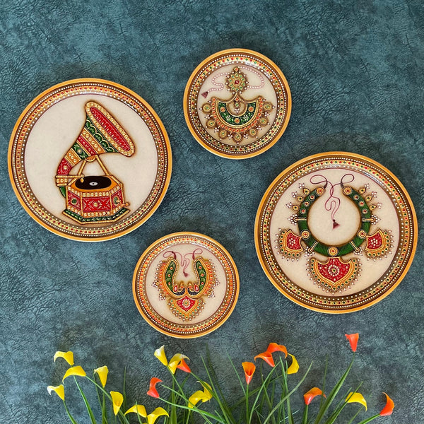 Gramophone & Meenakari Jewelry Painting (Set of 4) - Wall Hanging - Decorative Round Marble Plate - Crafts N Chisel - Indian Home Decor USA
