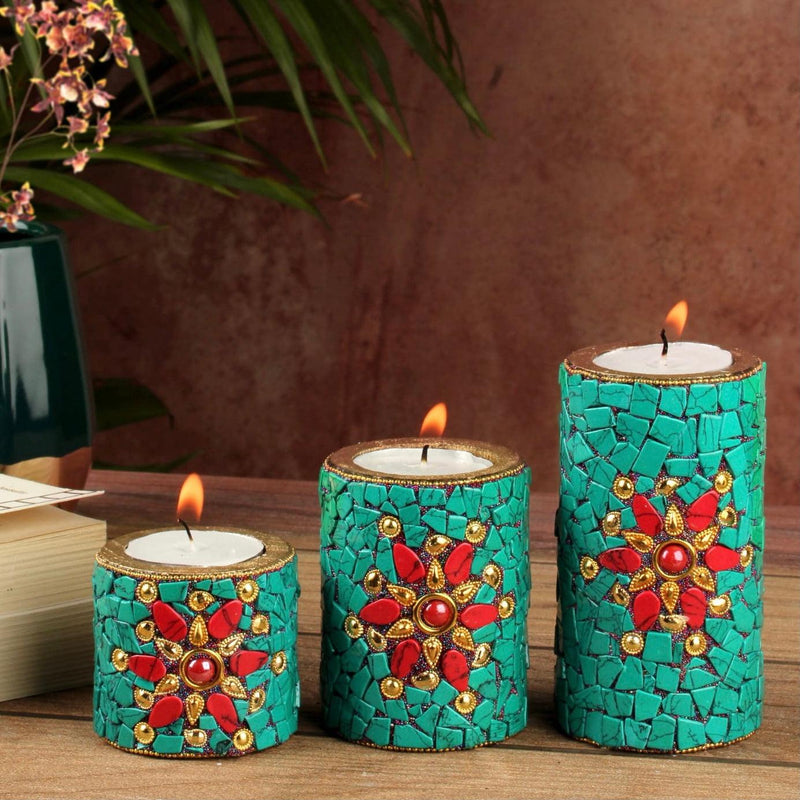 Greenish Blue Stonework Wooden Candle Holder (Set of 3) - Decorative Tea Lights - Festive Decor-Crafts N Chisel USA - Indian Home Decor USA