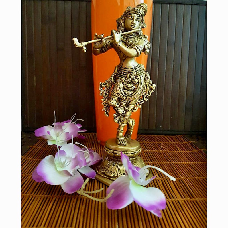 Handcrafted 10” Lord Krishna Brass Idol -  Decorative Figurine - Crafts N Chisel - Indian home decor - Online USA