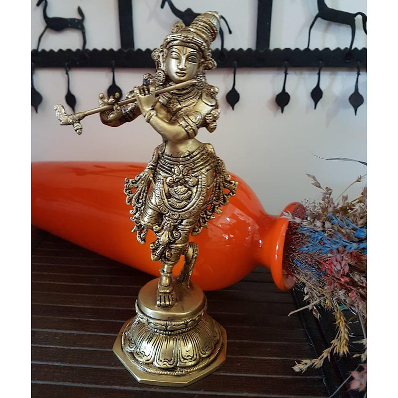 Handcrafted 10” Lord Krishna Brass Idol -  Decorative Figurine - Crafts N Chisel - Indian home decor - Online USA