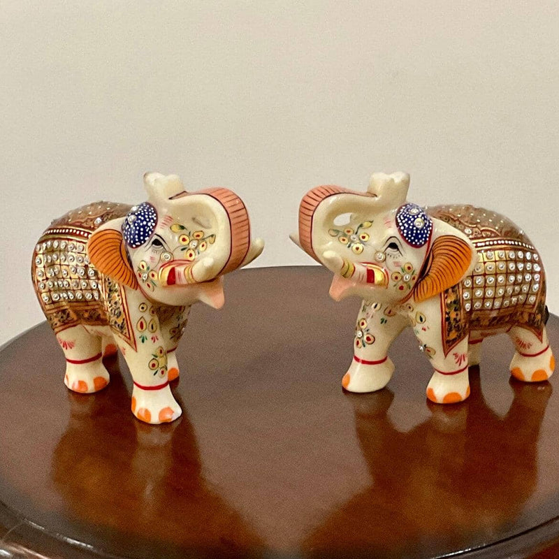 Handcrafted 6" Marble Elephant (Set of 2) - Meenakari Stone Art - Table Animal Decor - Crafts N Chisel - Indian Home Decor USA