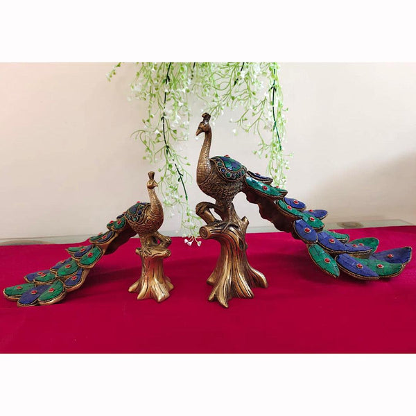 Handcrafted Brass Peacock With Stonework (set of 2)-Crafts N Chisel - Indian home decor online USA