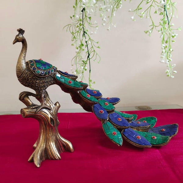 Handcrafted Brass Peacock With Stonework (set of 2)-Crafts N Chisel - Indian home decor online USA