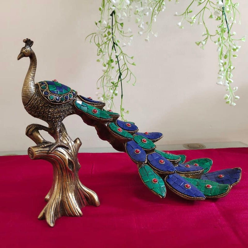Handcrafted Brass Peacock With Stonework (set of 2)-Crafts N Chisel - Indian home decor online USA