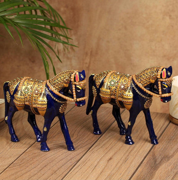 Handcrafted Decorative Metallic Horse (Set of 2) - Meenakari Stonework - Animal Decor-Crafts N Chisel - Indian home decor online USA