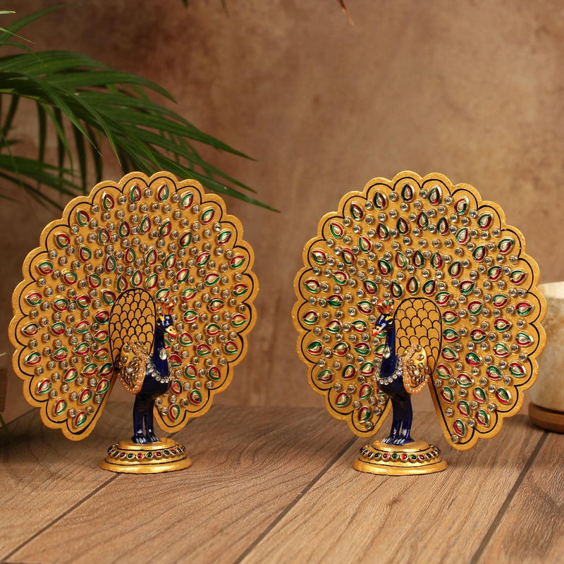 Handcrafted Decorative Metallic Peacock (Set of 2) - Meenakari Stonework - Animal Decor - Crafts N Chisel - Indian Home Decor USA