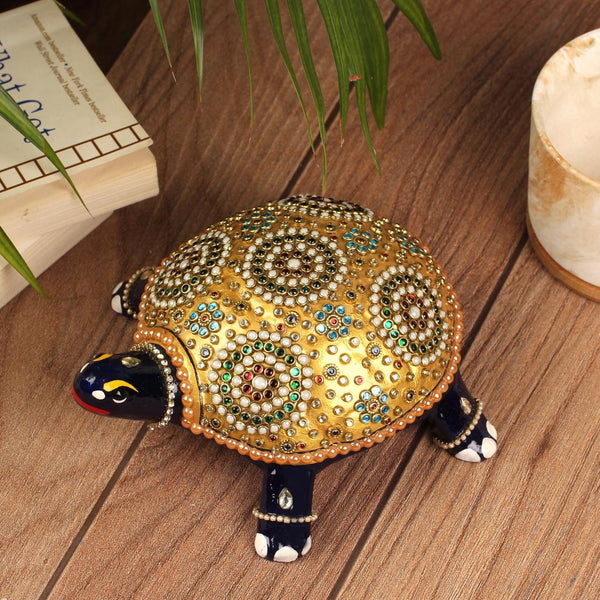 Handcrafted Decorative Metallic Turtle (Set of 2) - Meenakari Stonework - Animal Decor - Crafts N Chisel - Indian Home Decor USA