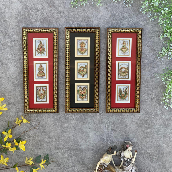 Handcrafted Jewelry Painting (Set of 3) - Wall Decor - 22K Gold Leaf Meenakari Marble Art - Crafts N Chisel - Indian Home Decor USA