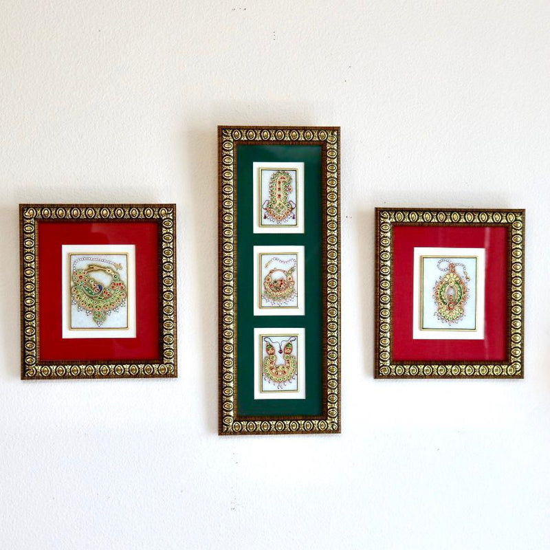 Handcrafted Jewelry Painting (Set of 3) - Wall Decor - 22K Gold Leaf Meenakari Marble Art - Crafts N Chisel - Indian home decor - Online USA