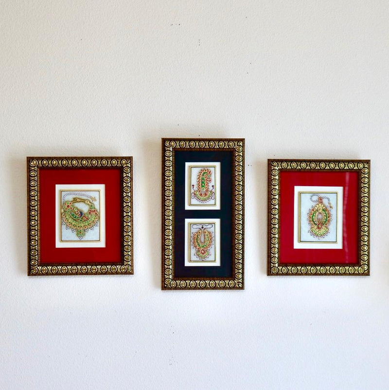 Handcrafted Jewelry Painting (Set of 3) - Wall Decor - 22K Gold Leaf Meenakari Marble Art - Crafts N Chisel - Indian home decor - Online USA