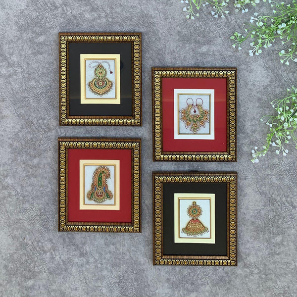 Handcrafted Jewelry Painting (Set of 4) - Wall Decor - 22K Gold Leaf Meenakari Marble Art - Crafts N Chisel - Indian Home Decor USA