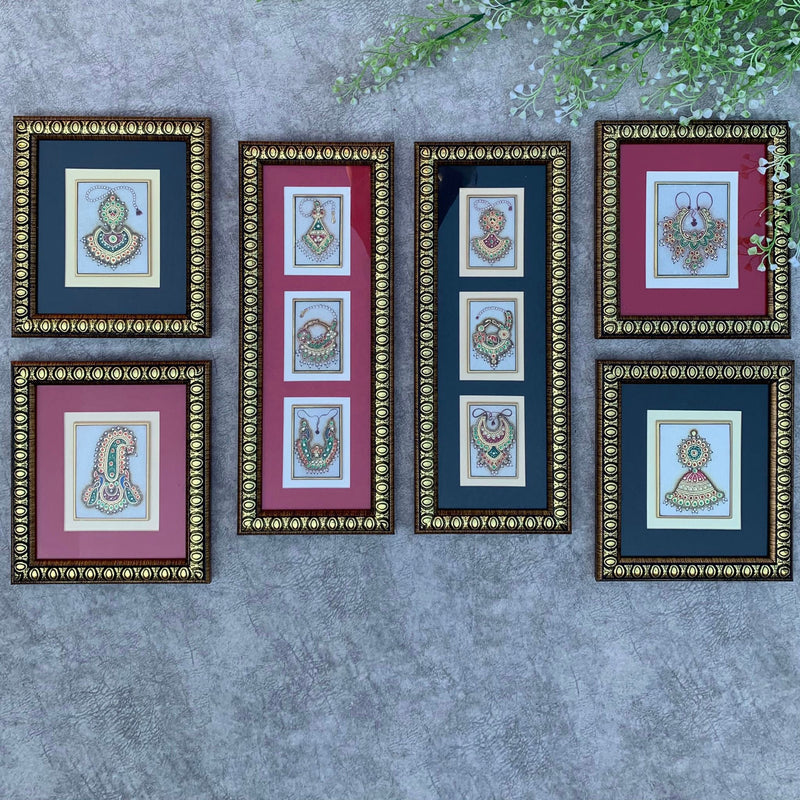 Handcrafted Jewelry Painting (Set of 6) - Wall Decor - 22K Gold Leaf Meenakari Marble Art - Crafts N Chisel - Indian Home Decor USA
