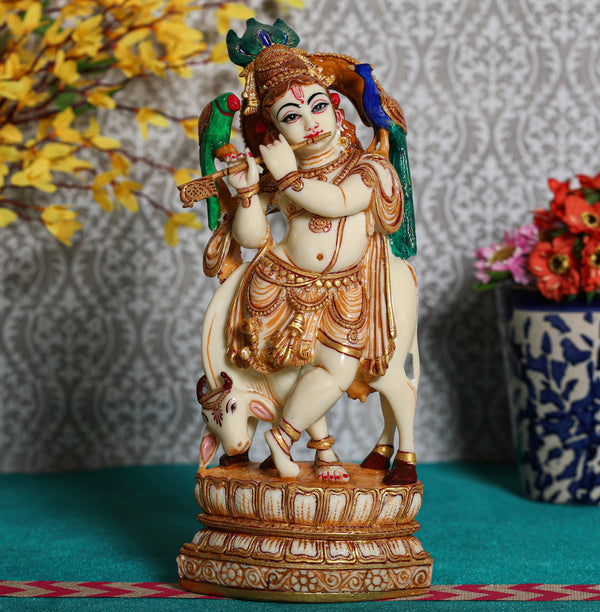 Handcrafted Krishna & Cow Marble Dust Resin Idol - Hindu God Statue - Decorative Murti - Crafts N Chisel - Indian Home Decor USA
