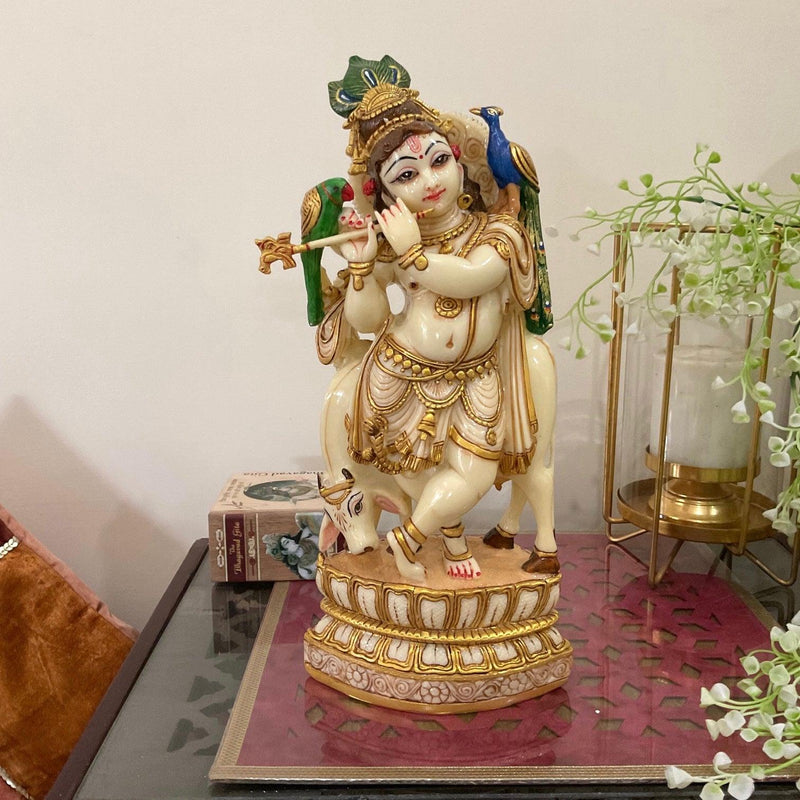 Handcrafted Krishna & Cow Marble Dust Resin Idol - Hindu God Statue - Decorative Murti- Crafts N Chisel - Indian Home Decor USA