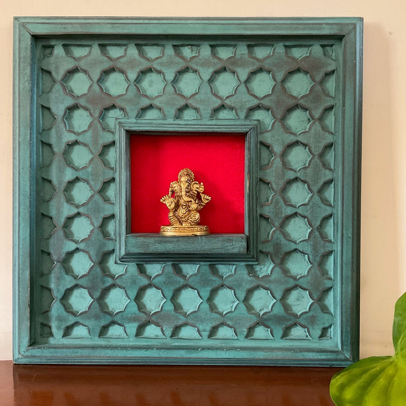 Handcrafted Lord Ganesha Idol With Distressed Wooded Bluish Green Square Frame Wall Hanging - Decorative Wall decor - Crafts N Chisel - Indian Home Decor USA