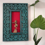 Handcrafted Lord Krishna Idol With Distressed Wooded Blue Frame Wall Hanging - Decorative Wall decor - Crafts N Chisel - Indian Home Decor USA