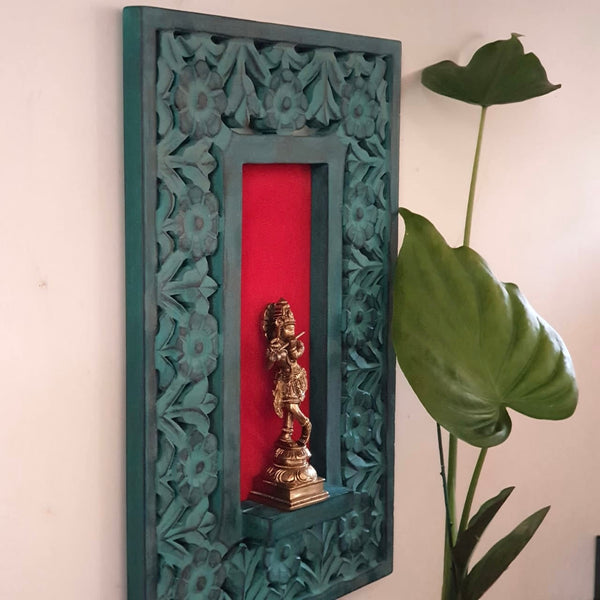 Handcrafted Lord Krishna Idol With Distressed Wooded Blue Frame Wall Hanging - Decorative Wall decor - Crafts N Chisel - Indian Home Decor USA