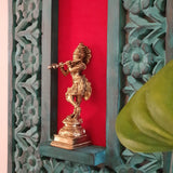 Handcrafted Lord Krishna Idol With Distressed Wooded Blue Frame Wall Hanging - Decorative Wall decor - Crafts N Chisel - Indian Home Decor USA