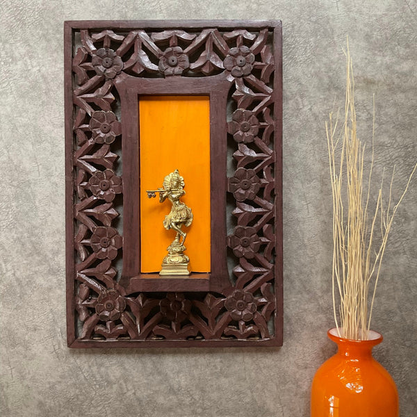 Handcrafted Lord Krishna Idol With Distressed Wooded Brownish Black Frame Wall Hanging - Decorative Wall decor - Crafts N Chisel - Indian Home Decor USA