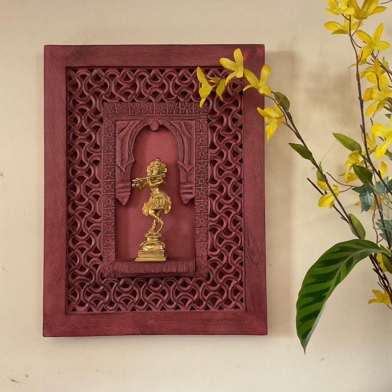 Handcrafted Lord Krishna Idol With Distressed Wooded Reddish Pink Jali Frame Wall Hanging - Decorative Wall decor - Crafts N Chisel - Indian Home Decor USA