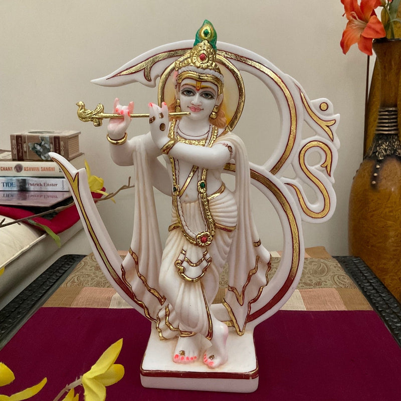 Handcrafted Om Krishna Marble Dust Resin Idol - Hindu God Statue - Decorative Murti - Crafts N Chisel - Indian Home Decor USA