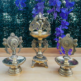 Handmade Brass Diya Lamp : Dancing Ganesha & Shanku Chakra (Set of 3) - Antique Finish-Crafts N Chisel - Indian home decor online USA