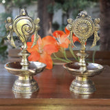 Handmade Brass Diya Lamp : Dancing Ganesha & Shanku Chakra (Set of 3) - Antique Finish-Crafts N Chisel - Indian home decor online USA