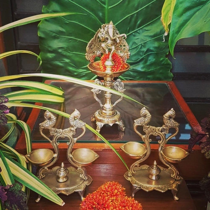 Ganesha & Peacock Diya | Brass Lamp Online USA | Crafts N Chisel