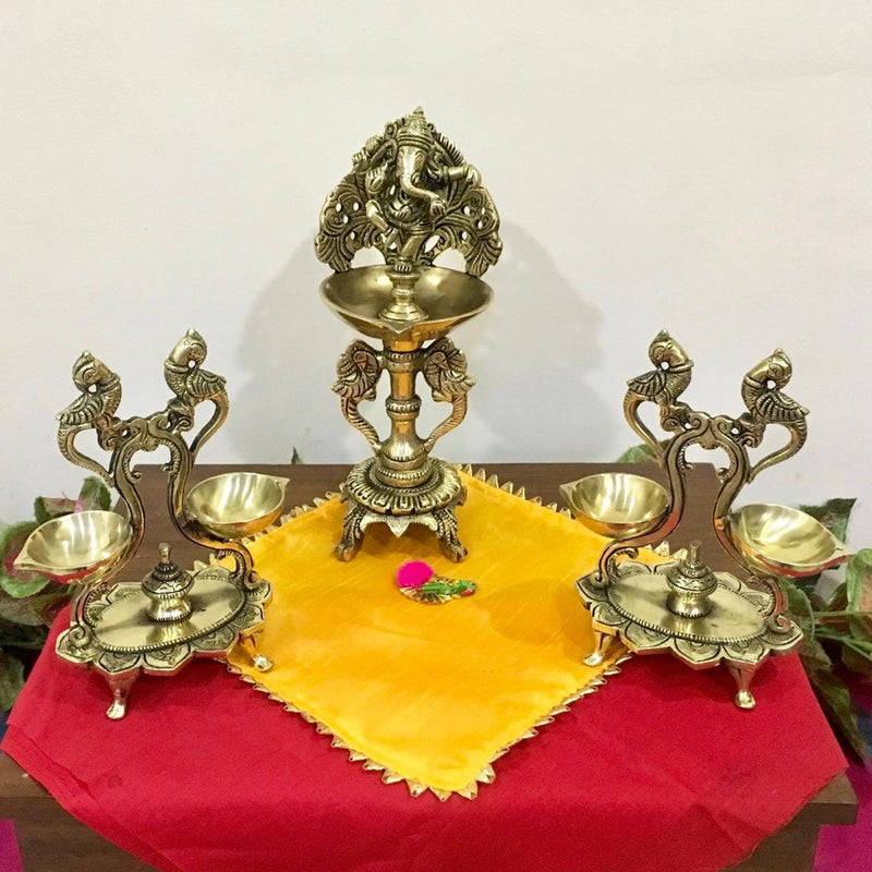 Handmade Brass Diya Lamp : Dancing Ganesha & Twin Peacock (Set of 3) - Crafts N Chisel - Indian home decor - Online USA