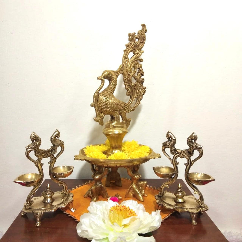 Handmade Brass Diya Lamp : Dancing Peacock & Twin Peacock (Set of 3) - Crafts N Chisel - Indian home decor - Online USA