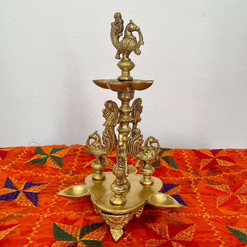 Handmade Standing Brass Diya Lamp : Dancing Peacock - Crafts N Chisel - Indian Home Decor USA