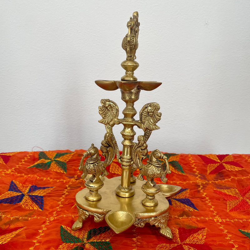 Handmade Standing Brass Diya Lamp : Dancing Peacock - Crafts N Chisel - Indian Home Decor USA