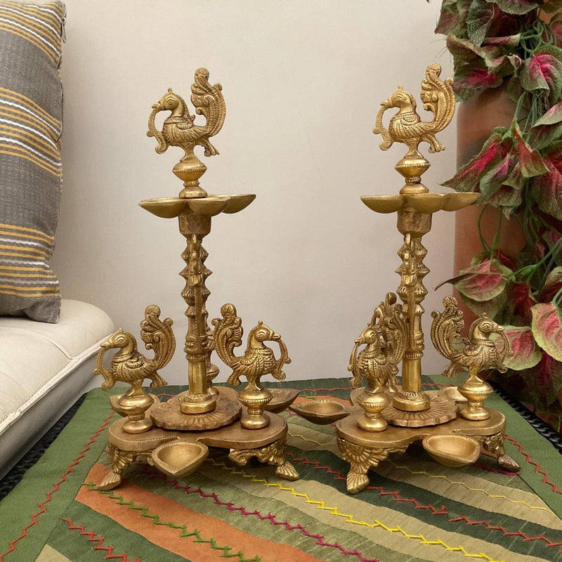 Handmade Standing Brass Diya Lamp : Dancing Peacock (Set of 2)- Crafts N Chisel - Indian Home Decor USA