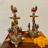 Handmade Standing Brass Diya Lamp With Stonework: Dancing Peacock (Set of 2) - Crafts N Chisel - Indian Home Decor USA