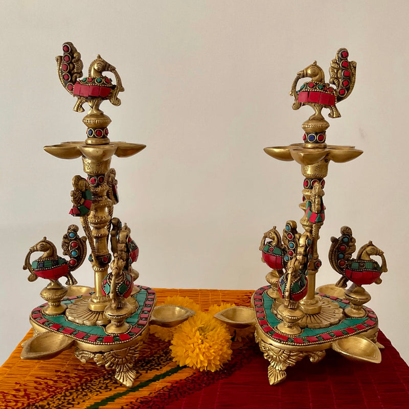 Handmade Standing Brass Diya Lamp With Stonework: Dancing Peacock (Set of 2) - Crafts N Chisel - Indian Home Decor USA