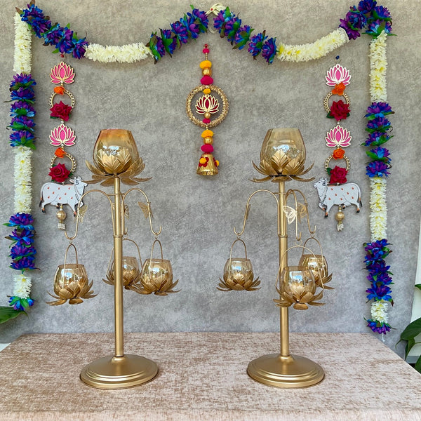 Hanging Lotus Tea Light & Lotus Cow Hanging With Artificial Flower Garlands (Set of 7) - Festive Decoration Wall Hanging - Crafts N Chisel - Indian Home Decor USA