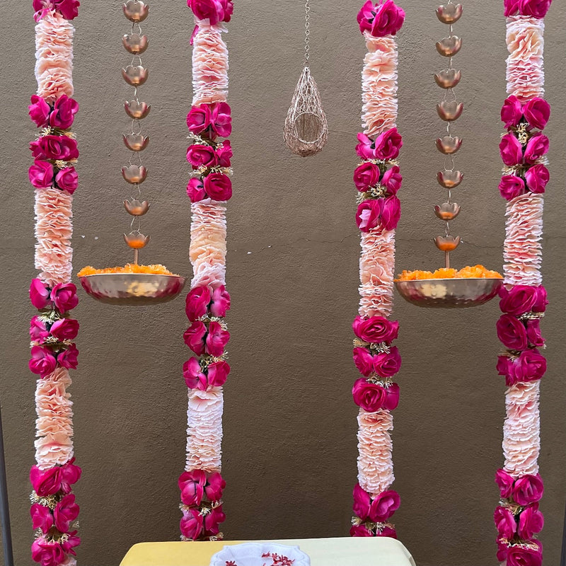 Hanging Lotus Urli & Rose Artificial Flower Garland (Set of 7) - Festive Decoration Wall Hanging - Crafts N Chisel - Indian Home Decor USA
