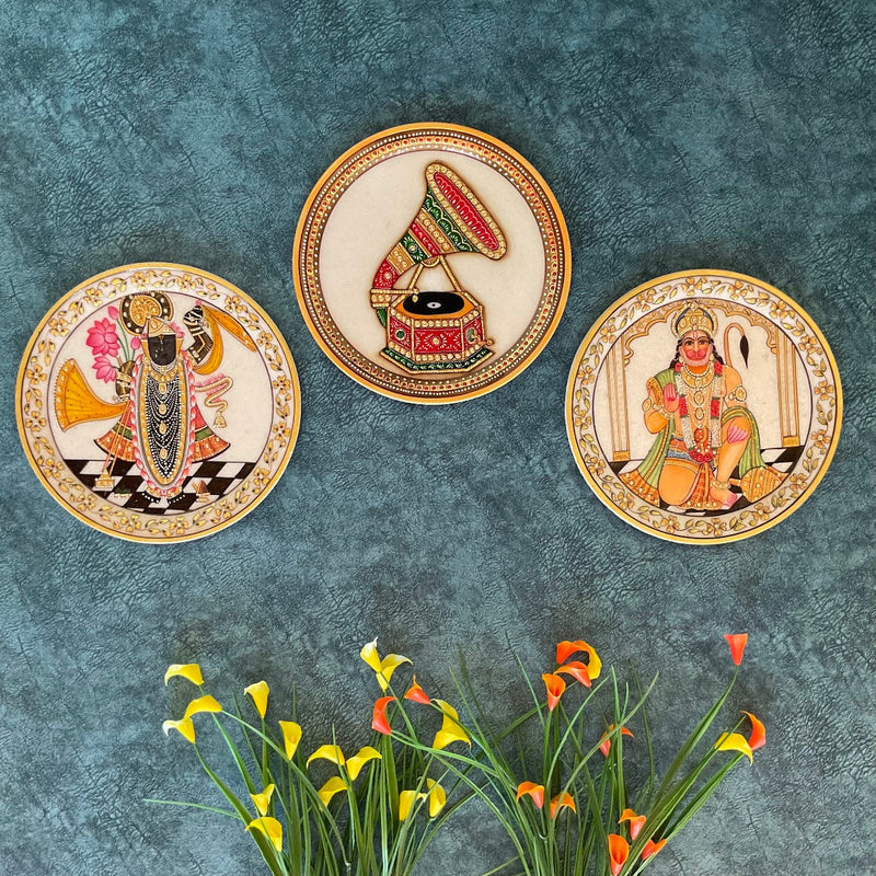 Hanumanji, Shrinathji & Gramophone Marble Plates - Wall Hanging - Decorative Round Marble Plate - Crafts N Chisel - Indian Home Decor USA