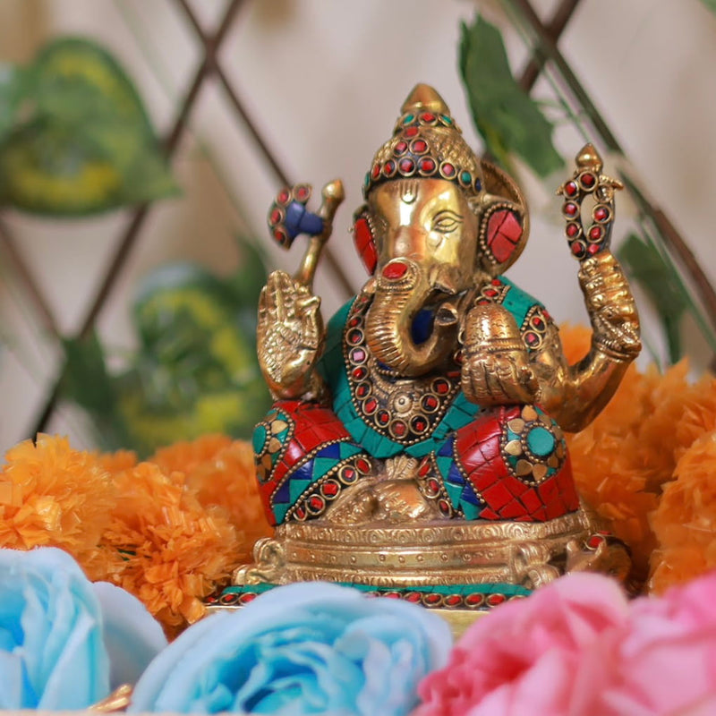 8 Inches Lord Ganesh Brass Idol - handcrafted Stonework - Ganpati Decorative Statue for Home Decor - Housewarming Gift - Crafts N Chisel - Indian Home Decor USA