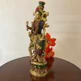 14 Inches Radha Krishna Idol Brass Stonework - Decorative Figurines For Home - Crafts N Chisel - Indian Home Decor USA