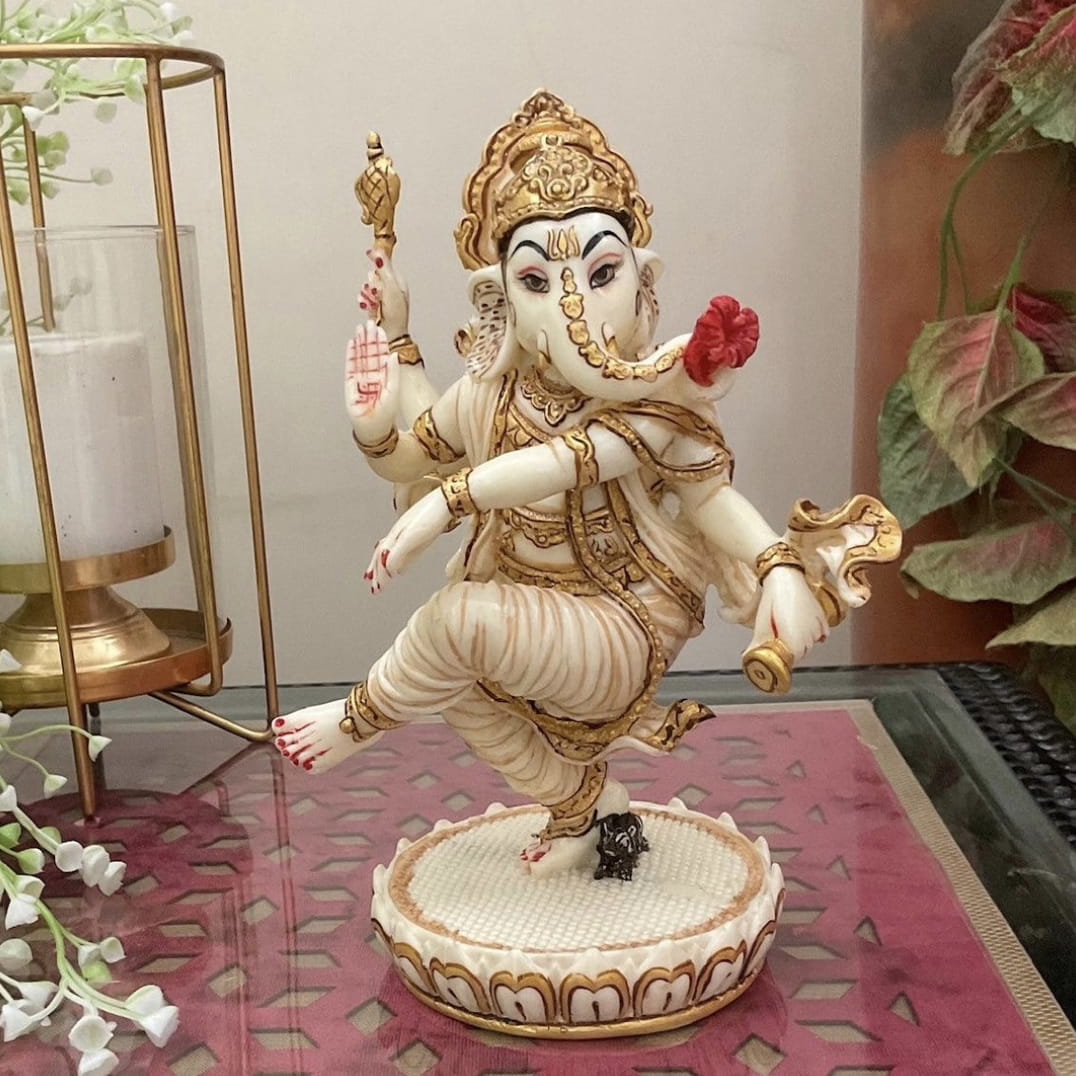 Dancing Ganesha Marble Dust Resin Idol - Hindu God Statue - Decorative Murti