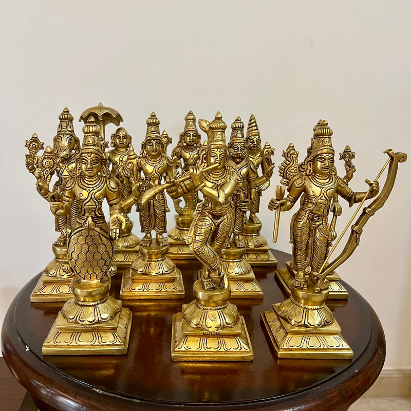 10 Inches Lord Vishnu Dashavatar Brass Idols - Decorative Home Decor - Crafts N Chisel - Indian Home Decor USA