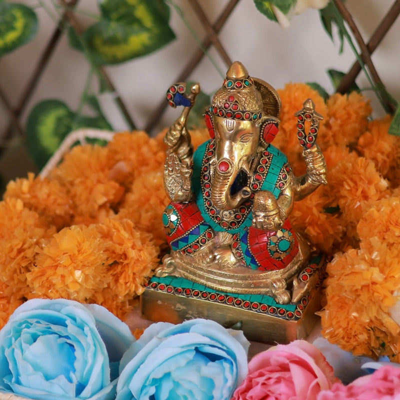 8 Inches Lord Ganesh Brass Idol - handcrafted Stonework - Ganpati Decorative Statue for Home Decor - Housewarming Gift - Crafts N Chisel - Indian Home Decor USA